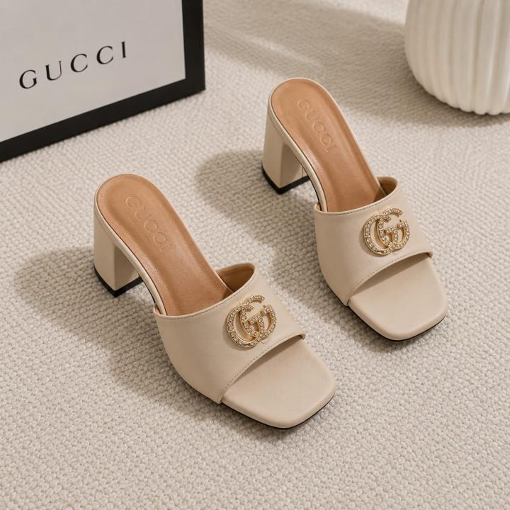 Gucci GG Logo Mid Heel Slide Sandal Apricot Interlocking G With OG Box & Carry Bag 2738 Apricot