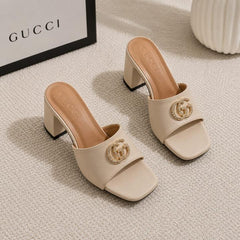 Gucci GG Logo Mid Heel Slide Sandal Apricot Interlocking G With OG Box & Carry Bag 2738 Apricot