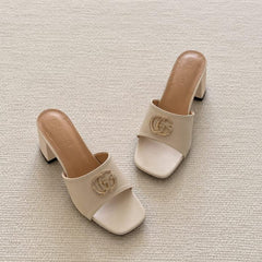Gucci GG Logo Mid Heel Slide Sandal Apricot Interlocking G With OG Box & Carry Bag 2738 Apricot