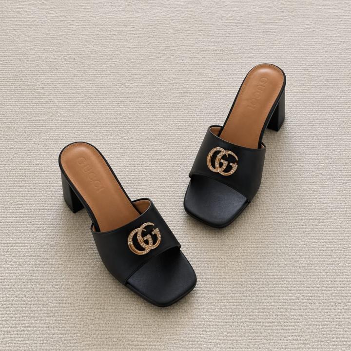Gucci GG Logo Mid Heel Slide Sandal Black Interlocking G With OG Box & Carry Bag 2738 Black