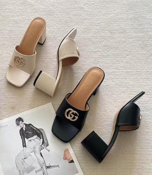 Gucci GG Logo Mid Heel Slide Sandal Black Interlocking G With OG Box & Carry Bag 2738 Black