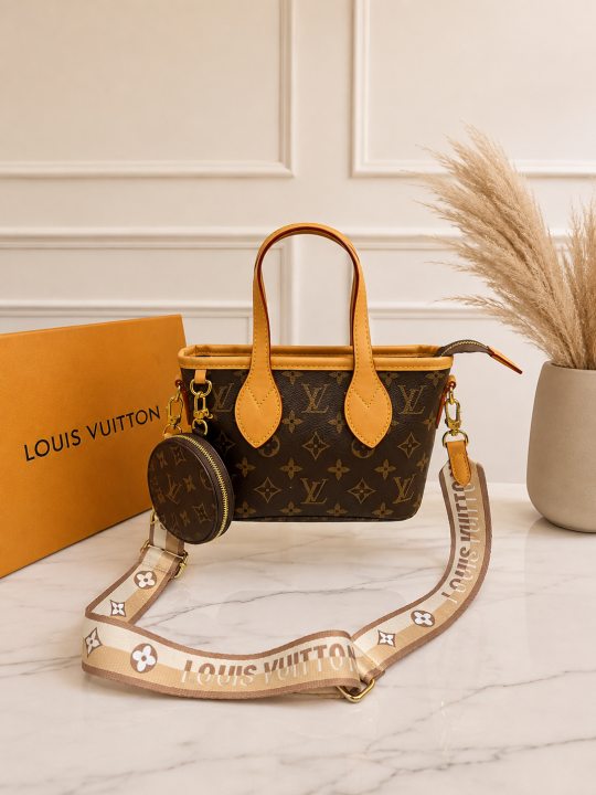 Louis Vuitton Neverfull BB Handbag Monogram Canvas Yellow Leather Logo-print Strap Detachable Coin Purse 306