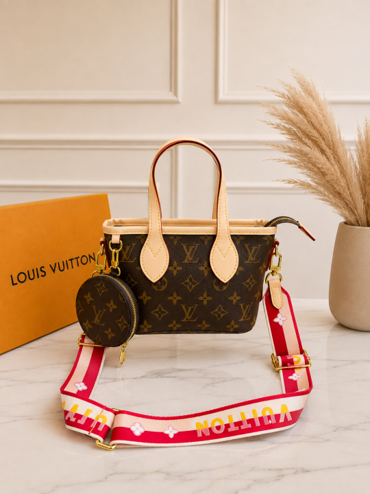 Louis Vuitton Neverfull BB Handbag Monogram Canvas White Skin Leather Logo-print Strap Detachable Coin Purse 306