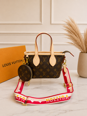 Louis Vuitton Neverfull BB Handbag Monogram Canvas White Skin Leather Logo-print Strap Detachable Coin Purse 306