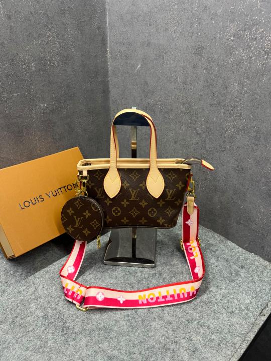 Louis Vuitton Neverfull BB Handbag Monogram Canvas White Skin Leather Logo-print Strap Detachable Coin Purse 306
