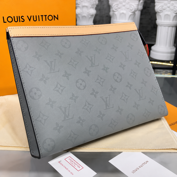 Louis Vuitton Pochette Voyage MM Clutch With Dust Cover & OG Box Grey Flower M61692