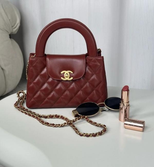 Chanel Mini EKelly Top Handle Red Bag Diamond Quilted CC Turn Bag With OG Box & Dust Cover 7661 Red