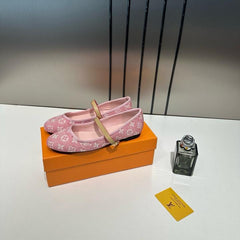 Louis Vuitton Romy Ballerina Pink Monogram Denim Ballet Cross-Strap With OG Box & Carry Bag 166-46 Pink