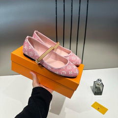 Louis Vuitton Romy Ballerina Pink Monogram Denim Ballet Cross-Strap With OG Box & Carry Bag 166-46 Pink