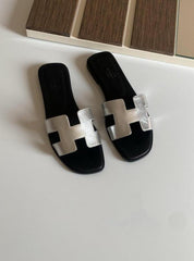 Hermes Paris Oran Black Silver Flats For Her With OG Box & Carry Bag Slide Silver