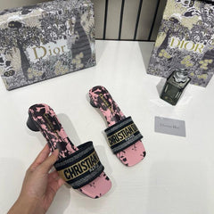 Christian Dior Dway Helled Slide Signature Embroidered Pink Black With OG Box & Carry Bag 755-1 Black