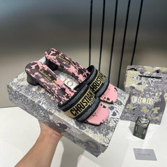 Christian Dior Dway Helled Slide Signature Embroidered Pink Black With OG Box & Carry Bag 755-1 Black