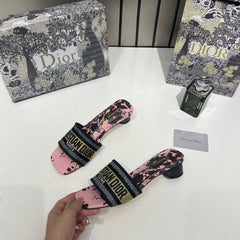 Christian Dior Dway Helled Slide Signature Embroidered Pink Black With OG Box & Carry Bag 755-1 Black