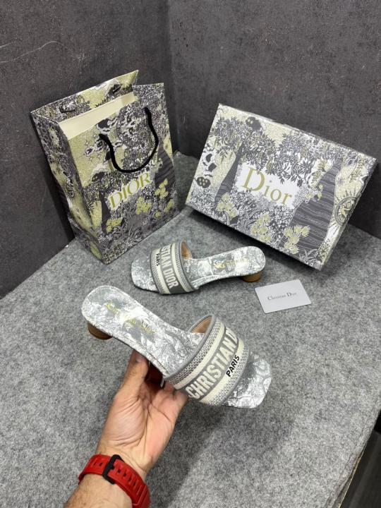 Christian Dior Dway Heeled Slide Signature Embroidered Grey With OG Box & Carry Bag 755-1 Gray