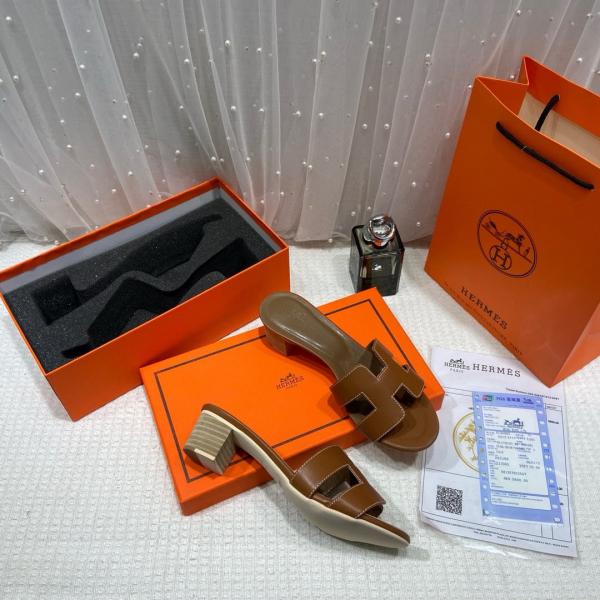 Hermes Oasis Sandals Dark Brown H cut-out Stacked Block Heel With OG & Carry Bag 778 Dark Brown