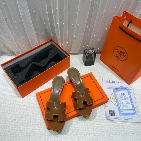 Hermes Oasis Sandals Dark Brown H cut-out Stacked Block Heel With OG & Carry Bag 778 Dark Brown