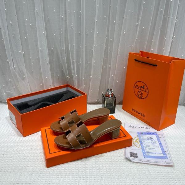 Hermes Oasis Sandals Dark Brown H cut-out Stacked Block Heel With OG & Carry Bag 778 Dark Brown
