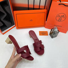 Hermes Oasis Sandals Wine Red H cut-out Stacked Block Heel With OG & Carry Bag 778 Wine Red