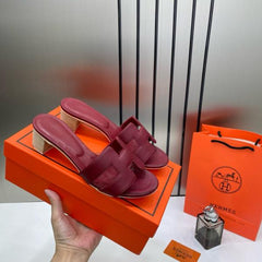 Hermes Oasis Sandals Wine Red H cut-out Stacked Block Heel With OG & Carry Bag 778 Wine Red