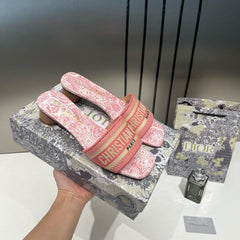 Christian Dior Dway Heeled Slide Signature Embroidered Pink With OG Box & Carry Bag 755-1 Pink