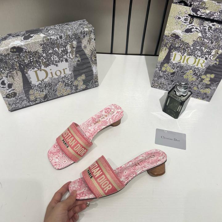 Christian Dior Dway Heeled Slide Signature Embroidered Pink With OG Box & Carry Bag 755-1 Pink