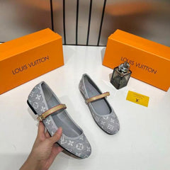 Louis Vuitton Romy Ballerina Grey Monogram Denim Ballet Cross-Strap With OG Box & Carry Bag 166-46 Grey