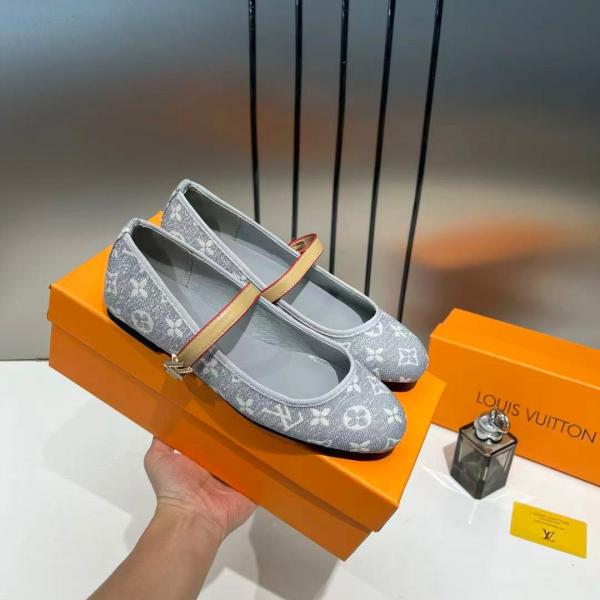 Louis Vuitton Romy Ballerina Grey Monogram Denim Ballet Cross-Strap With OG Box & Carry Bag 166-46 Grey