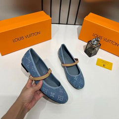 Louis Vuitton Romy Ballerina Blue Monogram Denim Ballet Cross-Strap With OG Box & Carry Bag 166-46 Blue