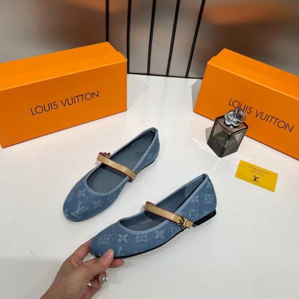 Louis Vuitton Romy Ballerina Blue Monogram Denim Ballet Cross-Strap With OG Box & Carry Bag 166-46 Blue