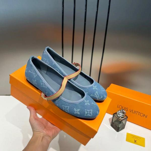 Louis Vuitton Romy Ballerina Blue Monogram Denim Ballet Cross-Strap With OG Box & Carry Bag 166-46 Blue