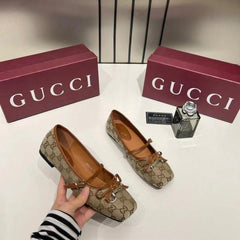 Gucci GG Canvas Strap Ballet Flats Signature Monogram Pattern Bow With OG Box & Carry Bag 8058-6 Apricot