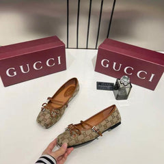 Gucci GG Canvas Strap Ballet Flats Signature Monogram Pattern Bow With OG Box & Carry Bag 8058-6 Apricot