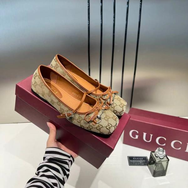 Gucci GG Canvas Strap Ballet Flats Signature Monogram Pattern Bow With OG Box & Carry Bag 8058-6 Apricot