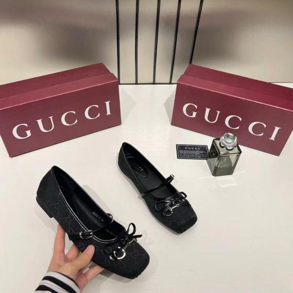 Gucci GG Canvas Strap Ballet Flats Signature Monogram Pattern Bow With OG Box & Carry Bag 8058-6 Black