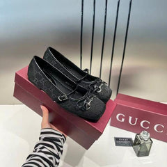 Gucci GG Canvas Strap Ballet Flats Signature Monogram Pattern Bow With OG Box & Carry Bag 8058-6 Black