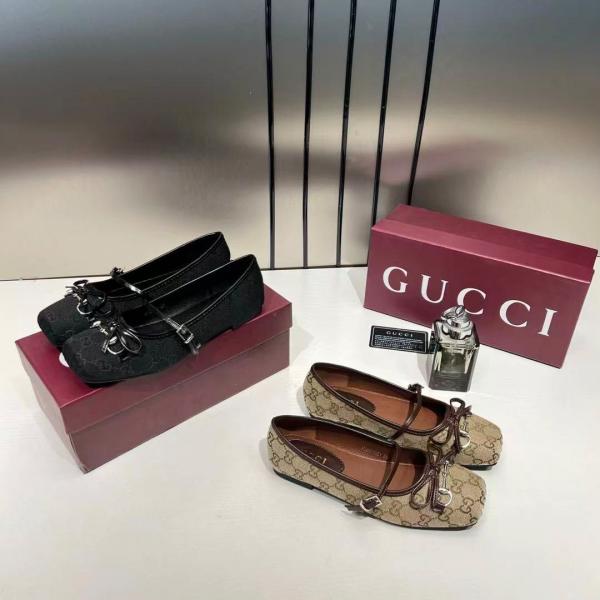 Gucci GG Canvas Strap Ballet Flats Signature Monogram Pattern Bow With OG Box & Carry Bag 8058-6 Black