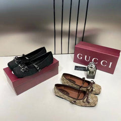 Gucci GG Canvas Strap Ballet Flats Signature Monogram Pattern Bow With OG Box & Carry Bag 8058-6 Black