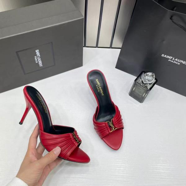Ysl Saint Laurent Babylone Red Stiletto Mules Gold tone Cassandre logo Detail With OG Box & Carry Bag A1 Red