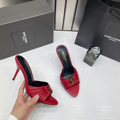 Ysl Saint Laurent Babylone Red Stiletto Mules Gold tone Cassandre logo Detail With OG Box & Carry Bag A1 Red