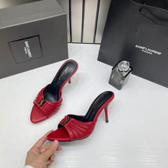 Ysl Saint Laurent Babylone Red Stiletto Mules Gold tone Cassandre logo Detail With OG Box & Carry Bag A1 Red