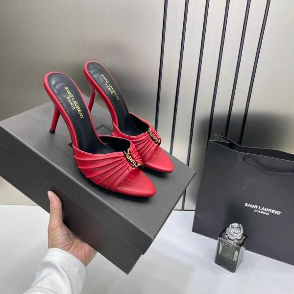 Ysl Saint Laurent Babylone Red Stiletto Mules Gold tone Cassandre logo Detail With OG Box & Carry Bag A1 Red
