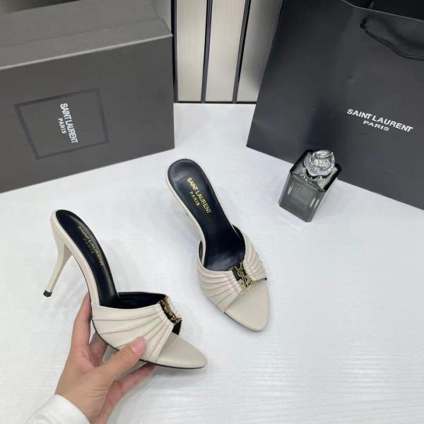 Ysl Saint Laurent Babylone Nude Apricot Stiletto Mules Gold-tone Cassandre logo Detail With OG Box & Carry Bag A1 Nude Apricot