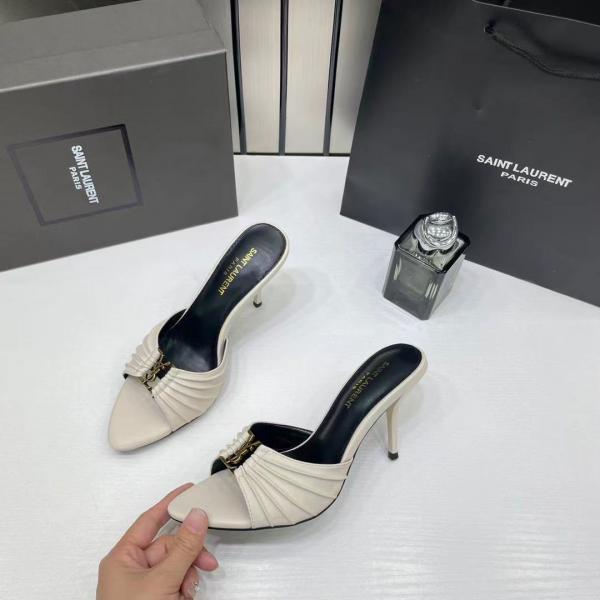 Ysl Saint Laurent Babylone Nude Apricot Stiletto Mules Gold-tone Cassandre logo Detail With OG Box & Carry Bag A1 Nude Apricot