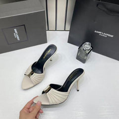Ysl Saint Laurent Babylone Nude Apricot Stiletto Mules Gold-tone Cassandre logo Detail With OG Box & Carry Bag A1 Nude Apricot
