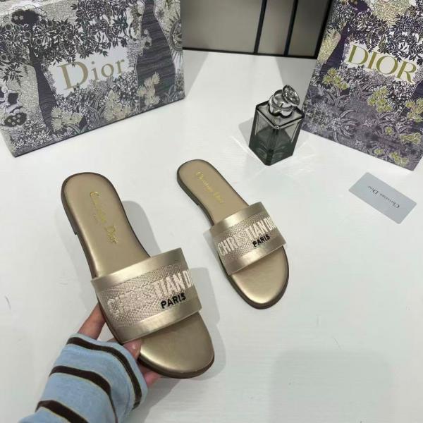 Christian Dior Dway Slide Flats Metallic Gold Embroidered Signature Logo With OG Box & Carry Bag 1890-60 Gold