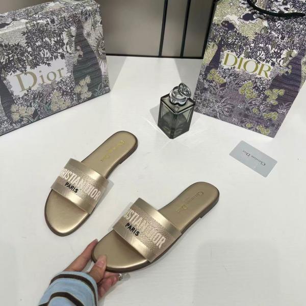 Christian Dior Dway Slide Flats Metallic Gold Embroidered Signature Logo With OG Box & Carry Bag 1890-60 Gold