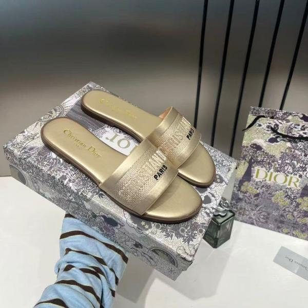 Christian Dior Dway Slide Flats Metallic Gold Embroidered Signature Logo With OG Box & Carry Bag 1890-60 Gold