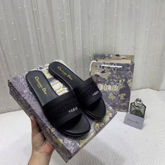 Christian Dior Dway Slide Flats Metallic Black Embroidered Signature Logo With OG Box & Carry Bag 1890-60 Black