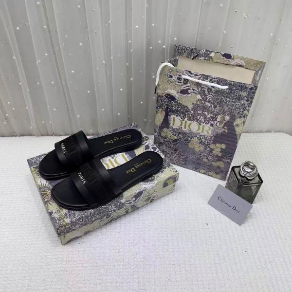 Christian Dior Dway Slide Flats Metallic Black Embroidered Signature Logo With OG Box & Carry Bag 1890-60 Black