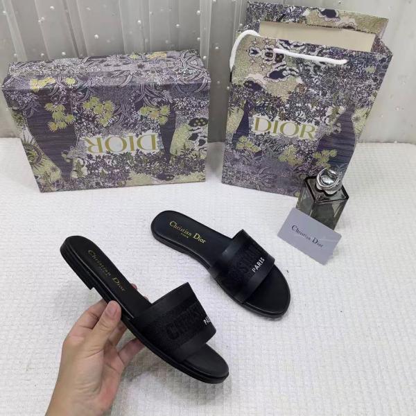 Christian Dior Dway Slide Flats Metallic Black Embroidered Signature Logo With OG Box & Carry Bag 1890-60 Black